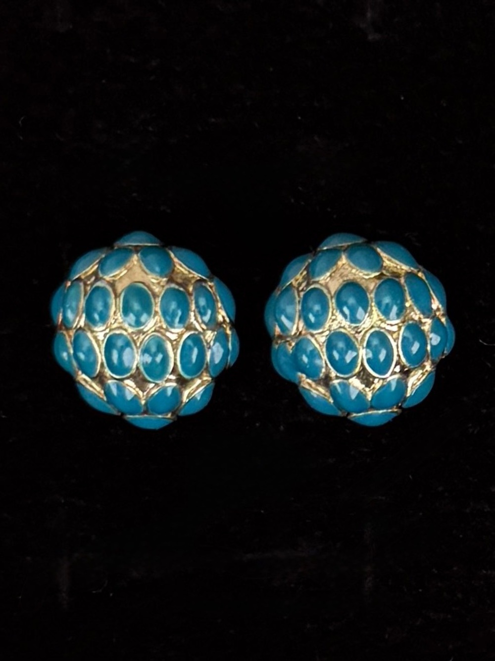 Vintage Teal Cabochon Style Goldtone Domed Pierced Earrings